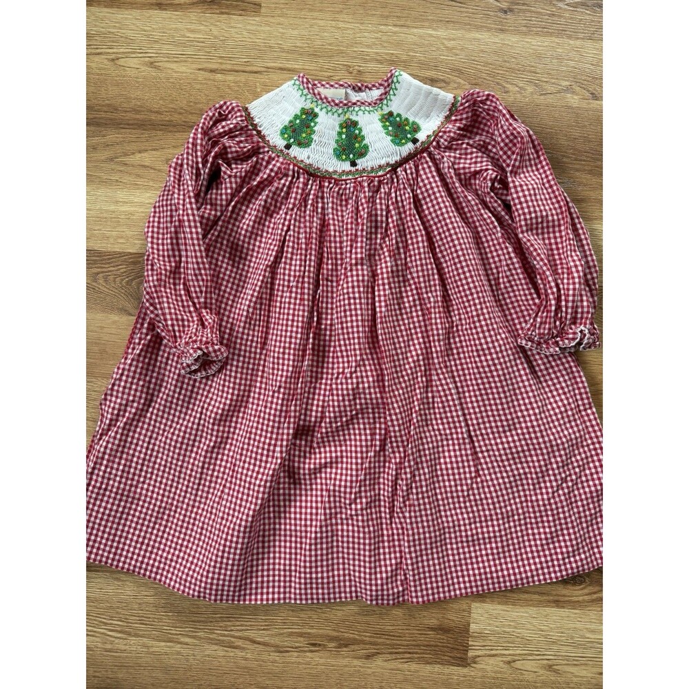 Marmellata Girls 2T Christmas Dress Smocked Trees Red White Gingham Holiday